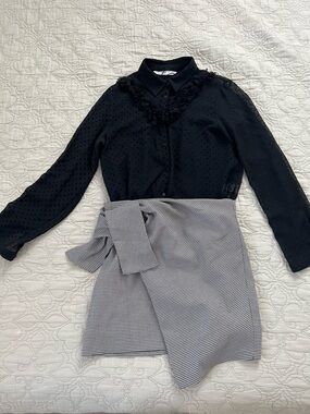 Zara Black Long Sleeve Lace-Trim Blouse with Gray Houndstooth Wrap Skirt